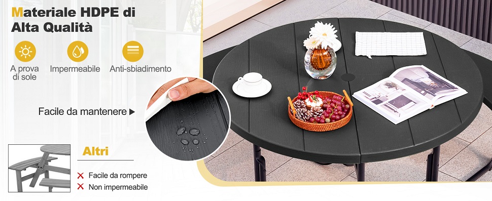 Tavolo Da Giardino Rotondo Con 4 Panche - Legno Massello, Foro Ombrellone, Portata 225kg Per Panca - Foto 7