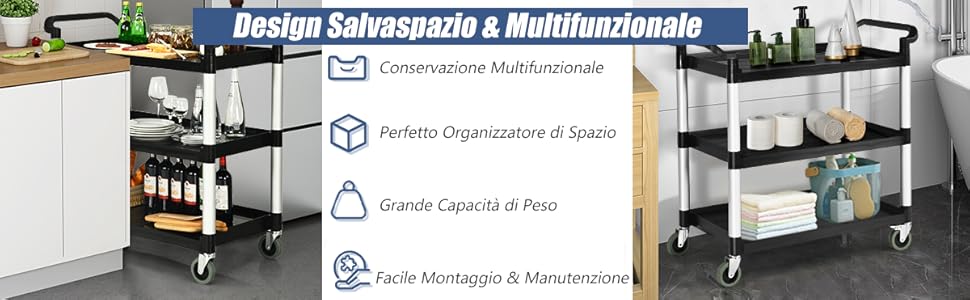 Carrello Portaoggetti Multifunzionale A 3 Livelli – Trasparente, Con Manico E Ruote, 33x33x61 Cm, Carrello Per Cucina, Ufficio, Bagno E Salone - 4