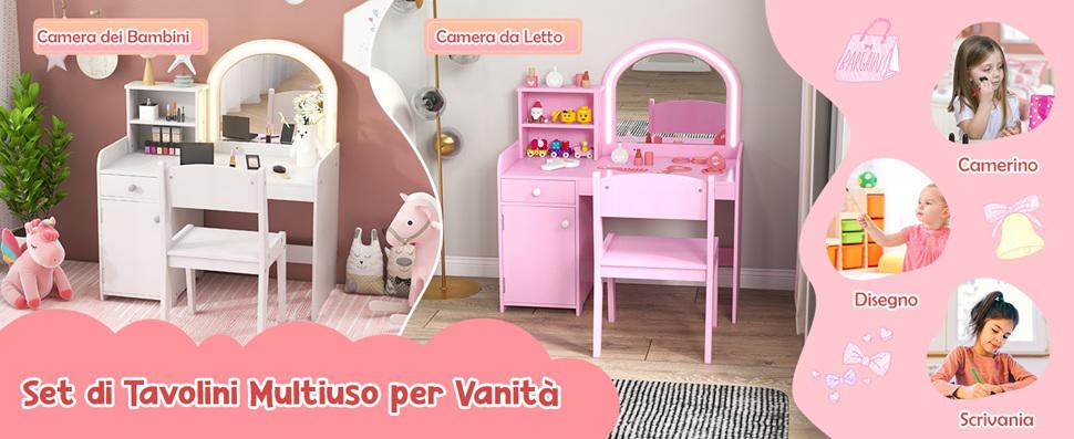 COSTWAY Set Di Tavolo Da Toeletta Per Bambini Con Cassetto E Sgabello, Tavolo Da Trucco Con Specchio Girevole A 360e Lavagna Bianca Per Bambine 3 Anni 79256046