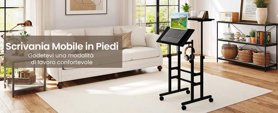 Scrivania mobile in piedi regolabile in altezza con ruote girevoli Tavolo inclinabile e ripiano portaoggetti Stazione di lavoro portatile per casa ufficio divano letto colore legno