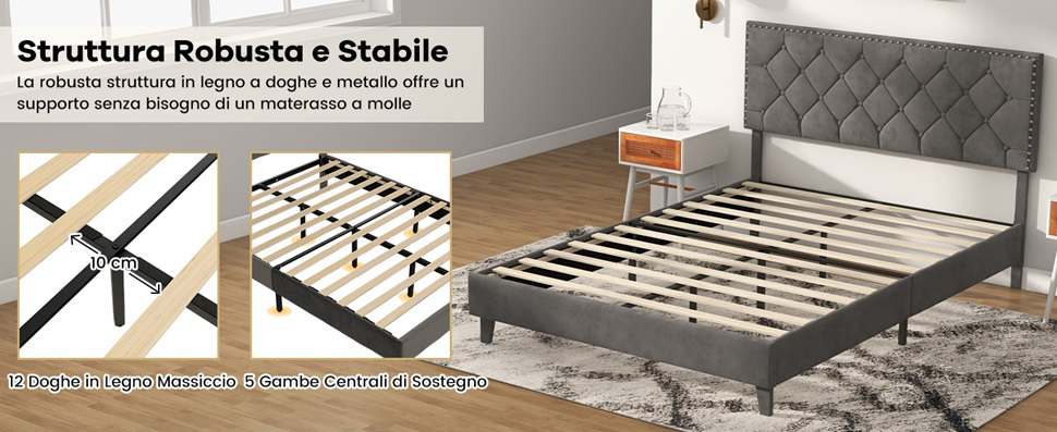 KOMHTOM Letto Matrimoniale Imbottito Con Testiera E Porte USB – Telaio Con Doghe In Legno, Rivestimento In Lino Grigio (90x200 Cm, Senza Materasso)