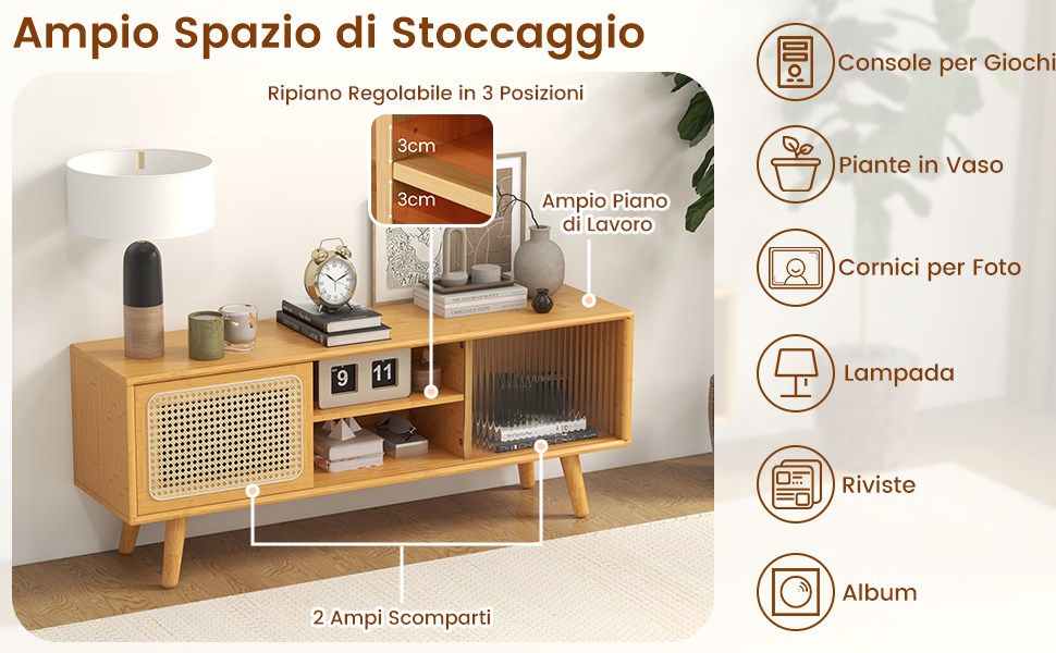 Supporto TV In Bambù Per TV Fino A 50 Pollici - Mobile Console Con 2 Ante Scorrevoli In Acrilico, 90x40x20 Cm - 4