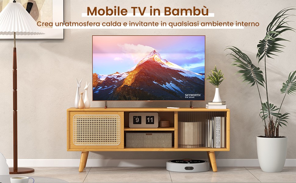 Mobile TV Tavolo Porta TV in Bambù 140 x 40 x 38 cm Mobile Basso da Soggiorno con 2 Ante Scorrevoli Mobile Supporto TV - Varie Misure [en.casa] | Leroy Merlin