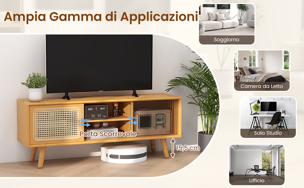 Supporto TV In Bambù Per TV Fino A 50 Pollici – Mobile Con Ante Scorrevoli In Acrilico, 100x40x20 Cm