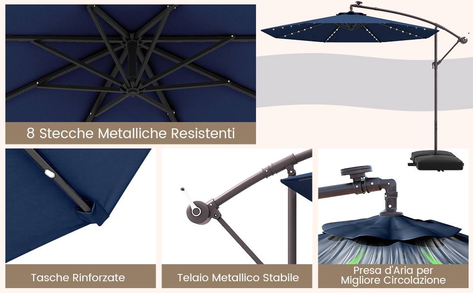 Ombrellone Da Giardino Decentrato Con Luci LED Ombrellone A Sbalzo Da Esterno Parasole Da Giardino 3x3m Con Pannello Solare E 24 Led Installati Base Zavorra Quadrate Grigio Grigio 54235145