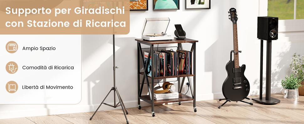 Supporto Per Giradischi Per Vinili, Porta Giradischi Vinili Fino A 200 Album Con 3 Ripiani 6 Tasche Di Archiviazione E Struttura In Metallo Per Casa Studio E Caffe 125 X 30 X 69 Cm
