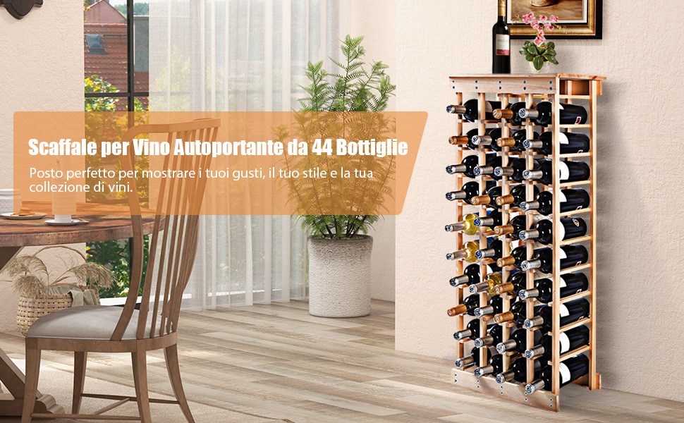 Portabottiglie Di Vino In Legno Di Pino COSTWAY - Per 40 Bottiglie, 113x47x28 Cm, Con Traversa
