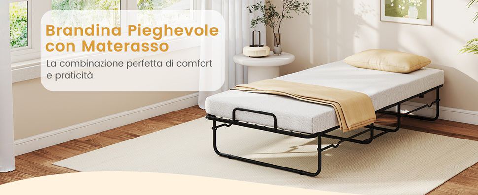 Letto pieghevole con materasso e struttura in metallo, Letto