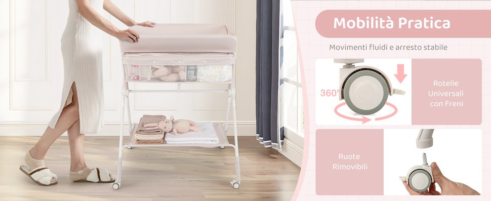 Fasciatoio Pieghevole Per Bambini Con Ruote E Ripiani, Carico Max 15 Kg, Salvaspazio - Colore Grigio - 3