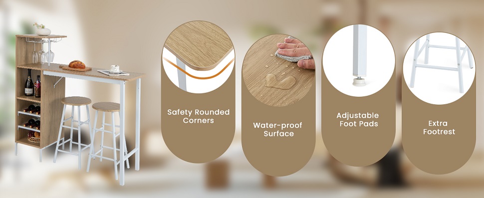 COSTWAY Bartafel met barkruk, set voor 2 personen, met houders voor wijnglazen en flessen, toog voor woonkamer, eetkamer en keuken (naturel